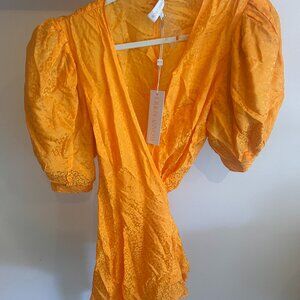 Ronny Kobo Anna Silk V neck Puff Sleeve Wrap Mini Dress